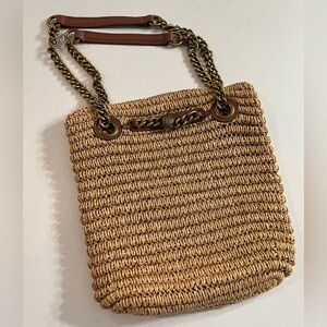 Kurt Geiger Woven Hand Bag with Gold Chain Strap Tan with Brown Leather Trim